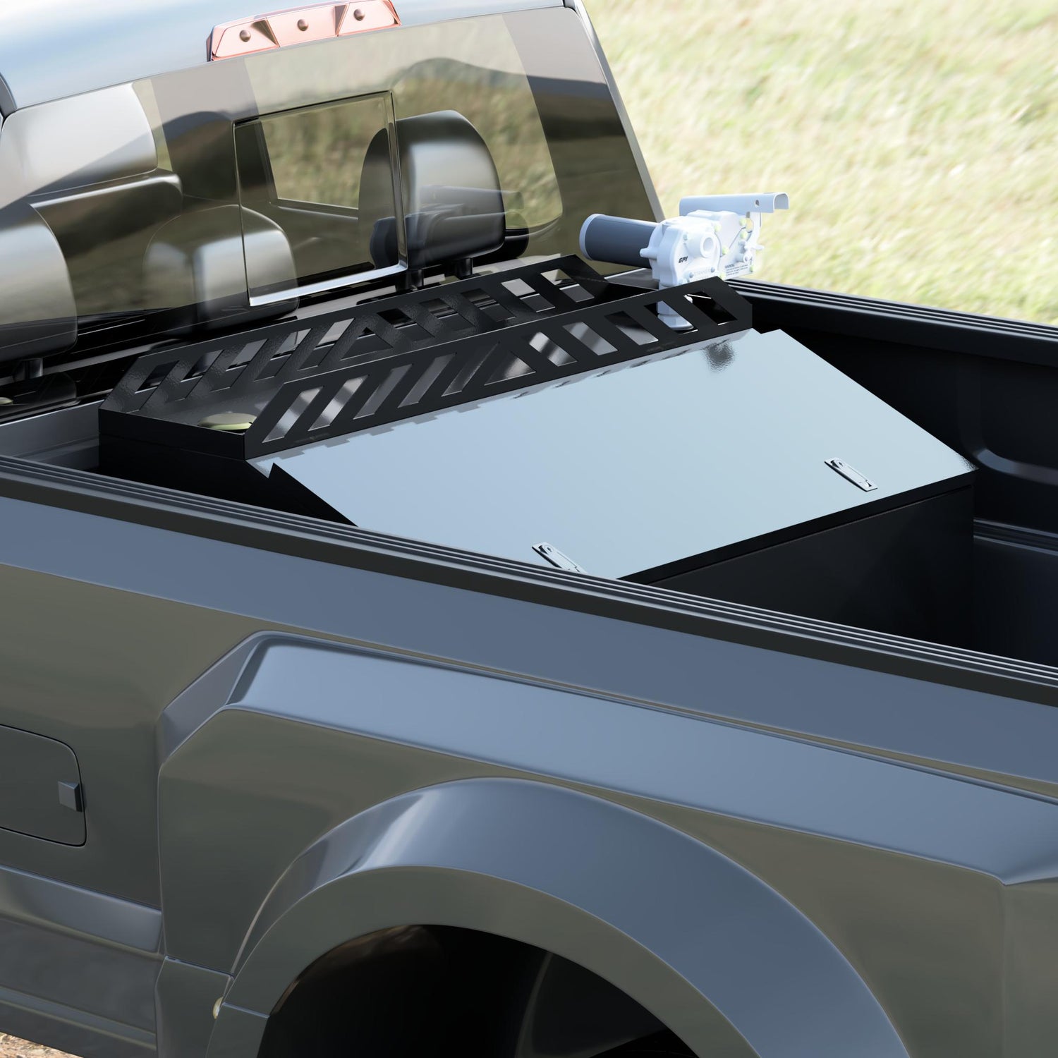 70 gallon fuel transfer tank mounted in a Ford F350 bed, three quarter view