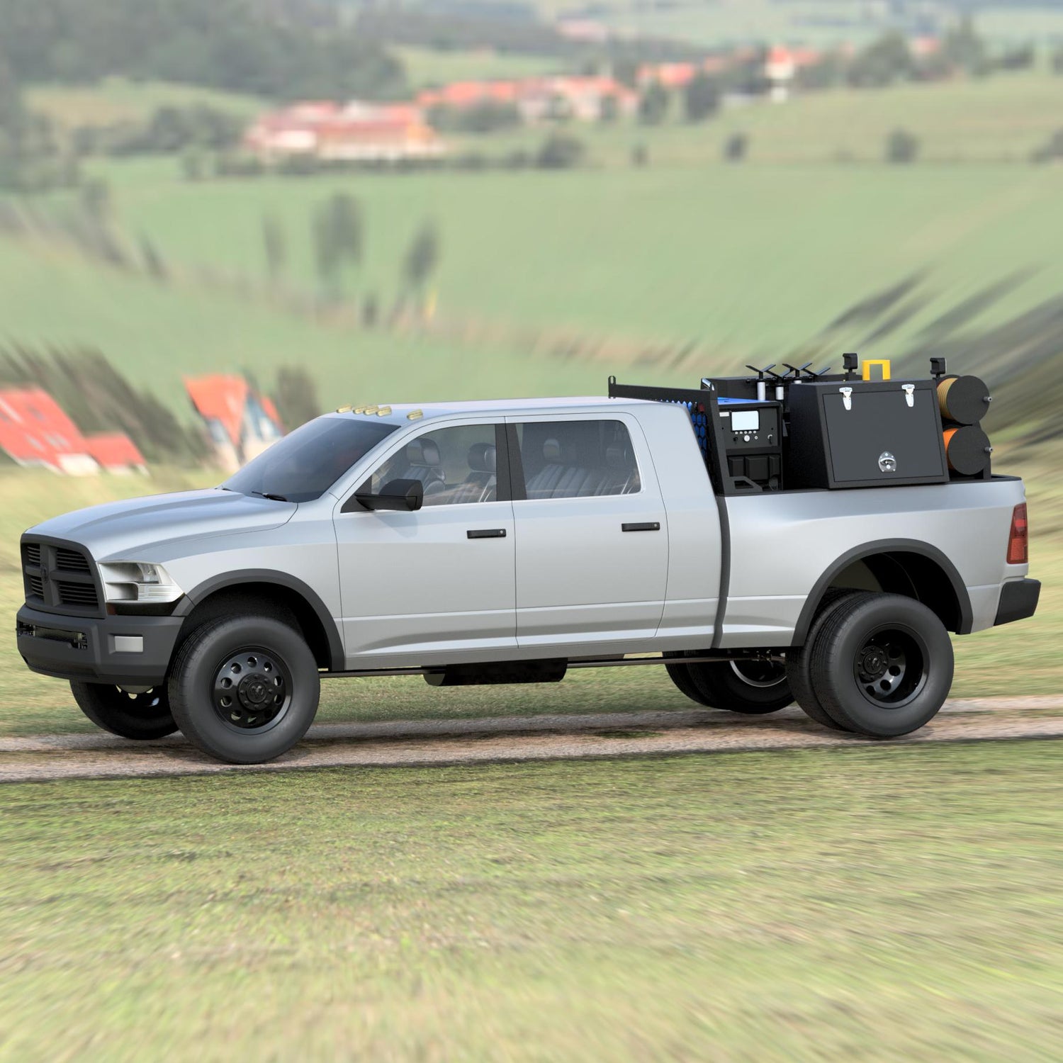 Dodge short bed welding skid mounted in a Dodge truck, front three quarter view
