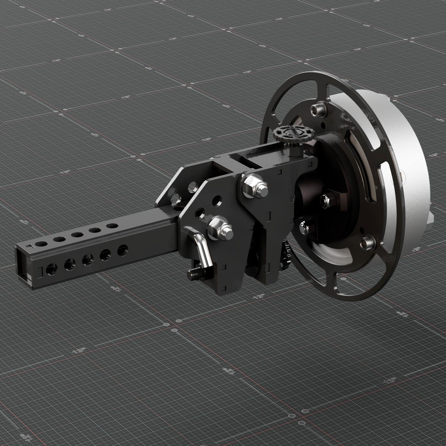 Back side of the roll out wheel showing the brake knob that locks the wheel in place