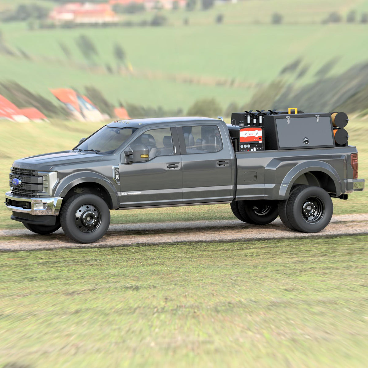 Universal long bed welding skid mounted in a Ford long bed truck