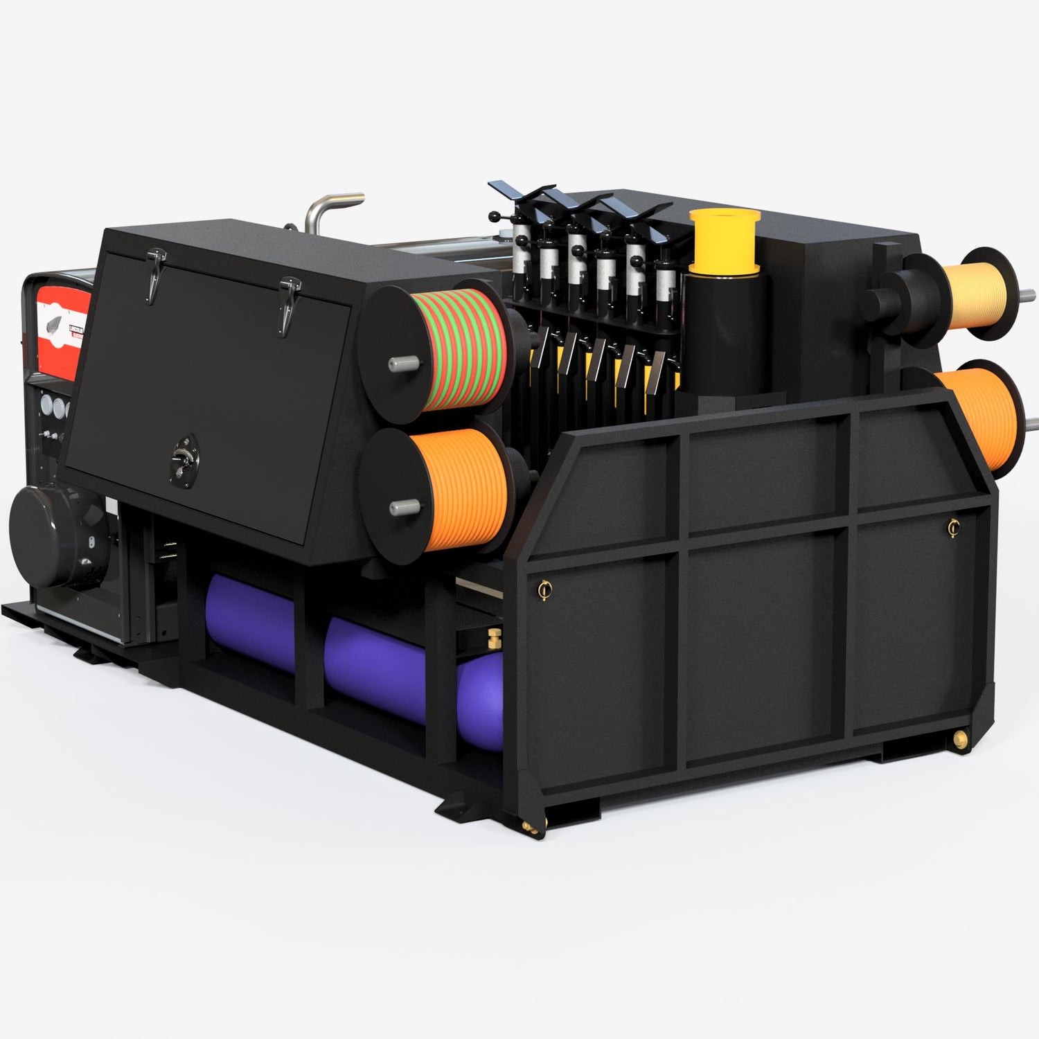 Universal welding skid out of the truck, loaded with a welder, bottles and tools