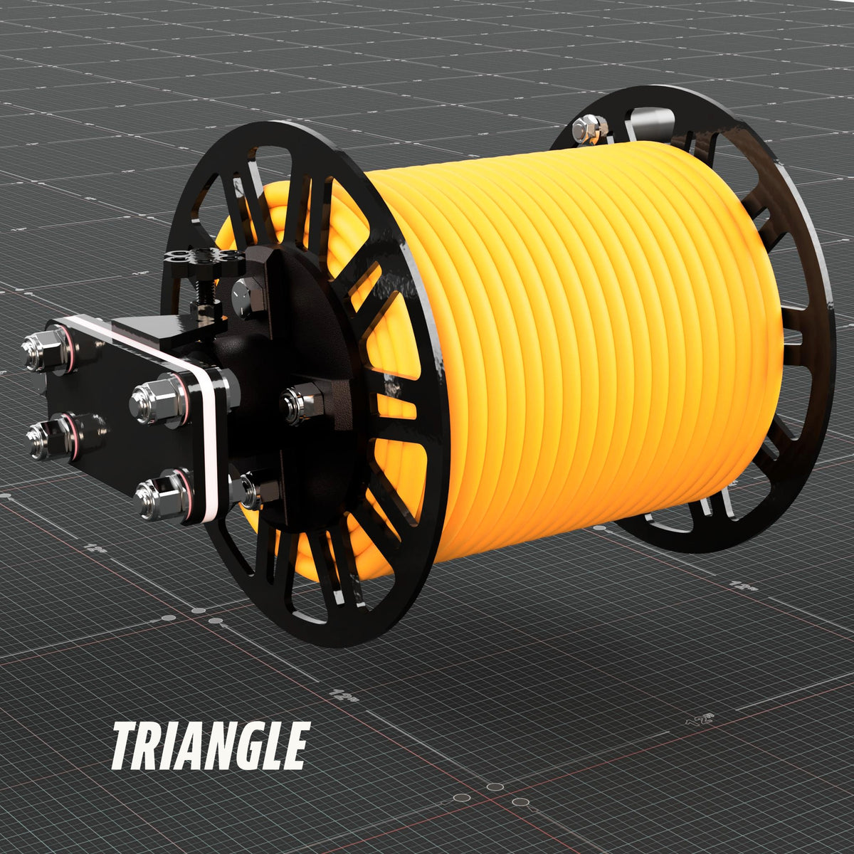 Welding lead reel with triangle side plates from the left, showing the mount and insulator