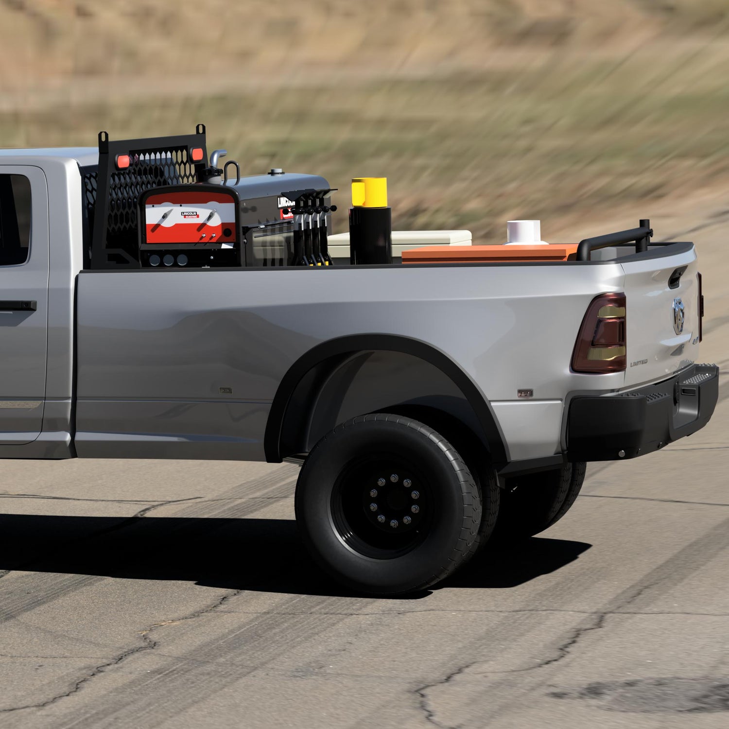 Side view of the tub rig welding skid in a Dodge long bed truck