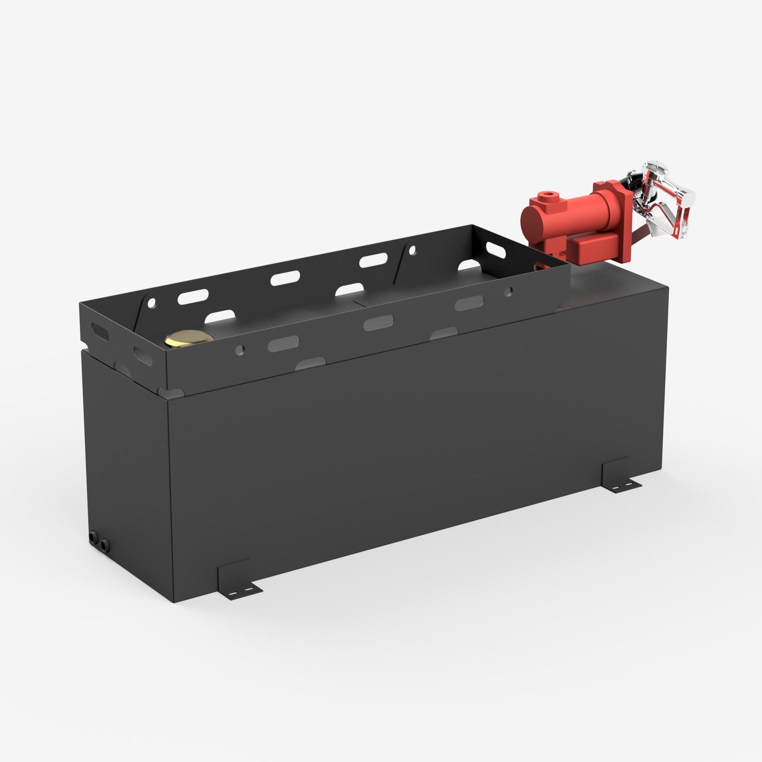 50 gallon fuel transfer tank with a Fill-Rite pump, front three quarter view