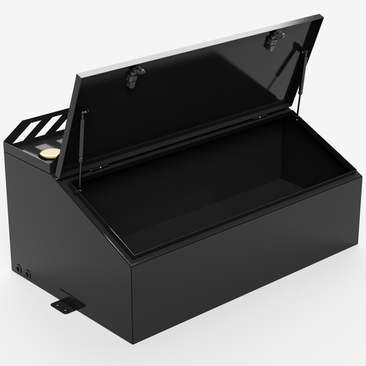 70 gallon fuel transfer tank with the storage chest door open, front three quarter view