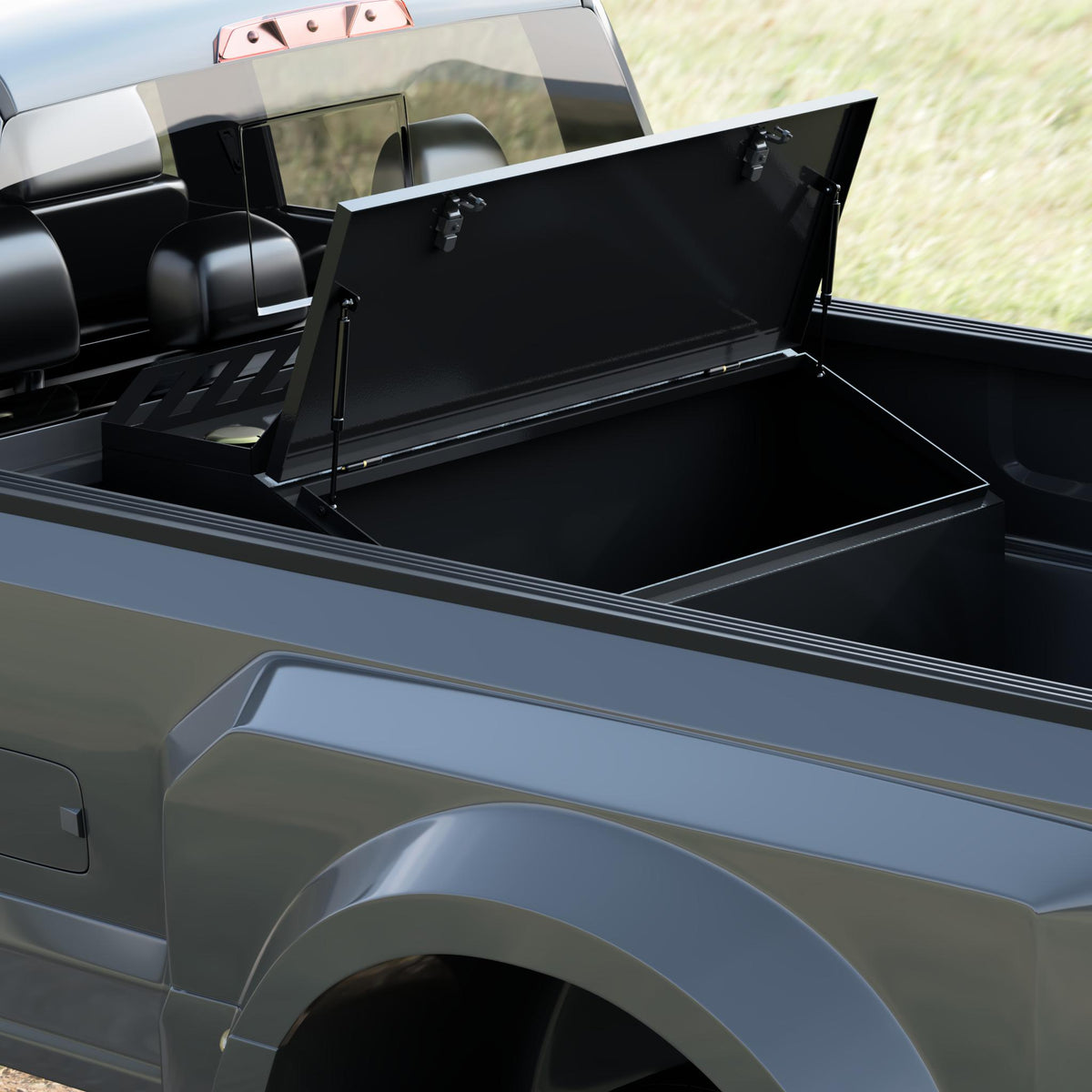 Fuel transfer tank in a Ford F350 bed with the storage chest door open