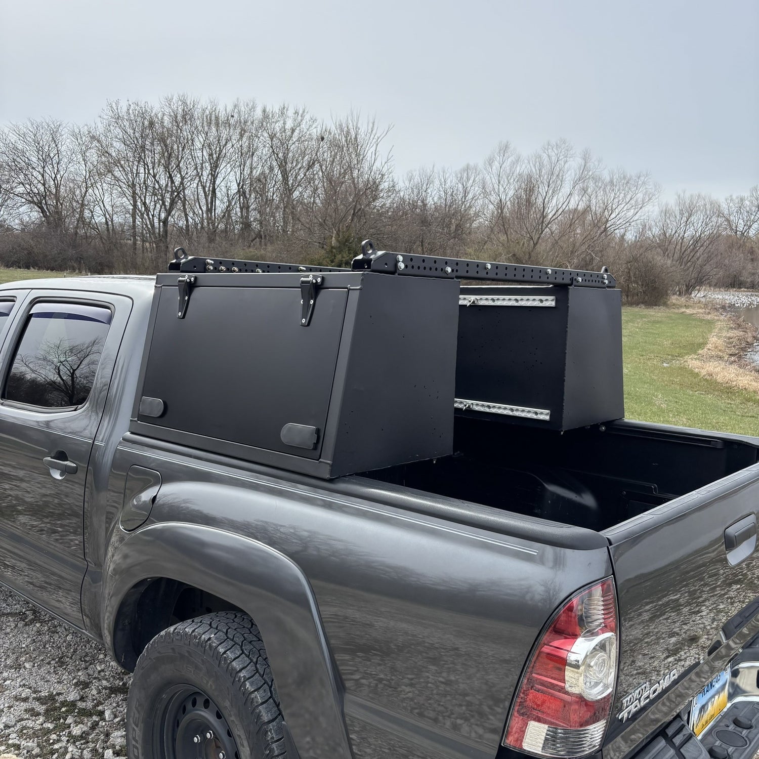 Toyota Tacoma Toolbox, overland toolbox in the woods.
