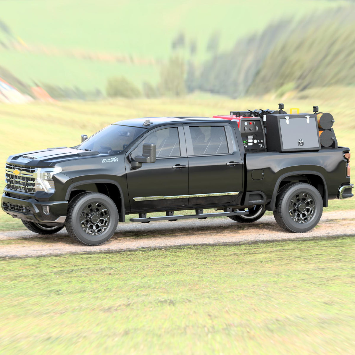 Chevy short bed welding skid mounted in a Chevy truck, front three quarter view