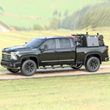 Chevy short bed welding skid mounted in a Chevy truck, front three quarter view