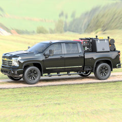 Chevy short bed welding skid mounted in a Chevy truck, front three quarter view
