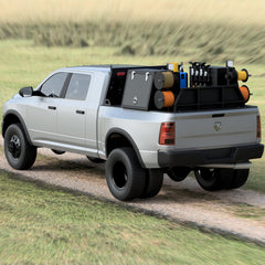 Rear three quarter view of the welding skid mounted in the Dodge short bed