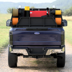 Straight on rear view of the welding skid in the Ford short bed