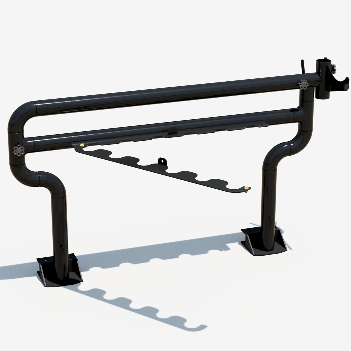 Hoosier pole with the jack stand holder open to mount pipe stands, front right three quarter view