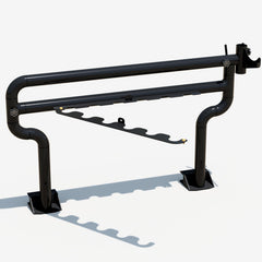 Hoosier pole with the jack stand holder open to mount pipe stands, front right three quarter view