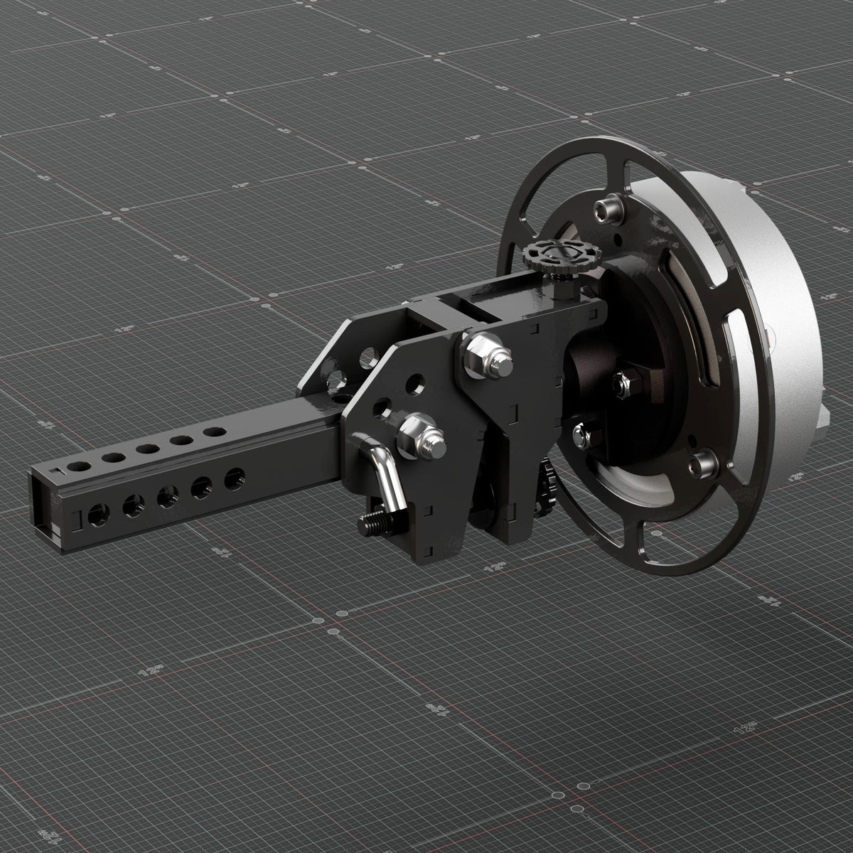 Back side of the roll out wheel showing the brake knob that locks the wheel in place