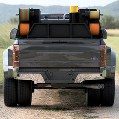 Straight on rear view of the universal welding skid in the truck bed