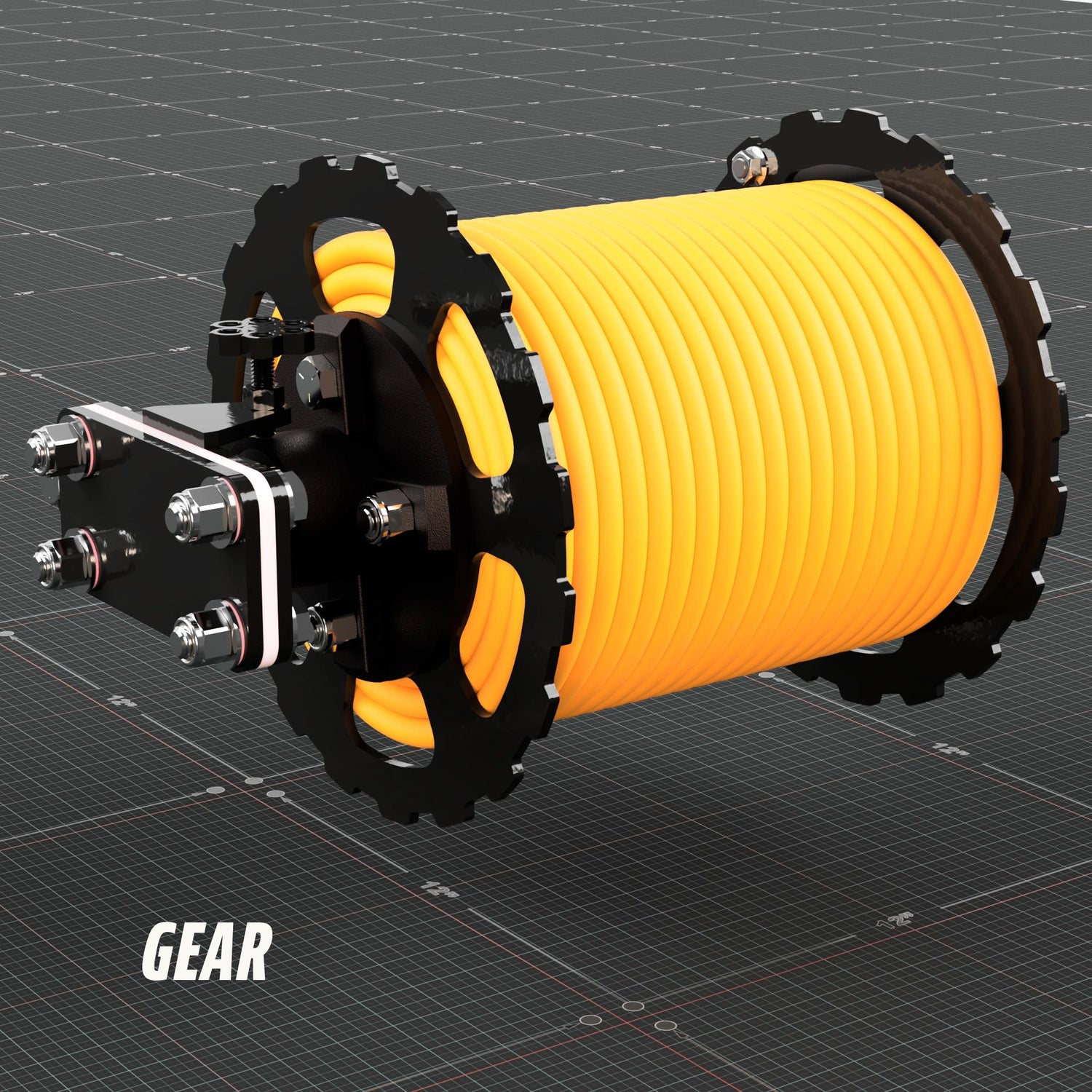 Welding lead reel with gear side plates from the left, showing the mount and insulator