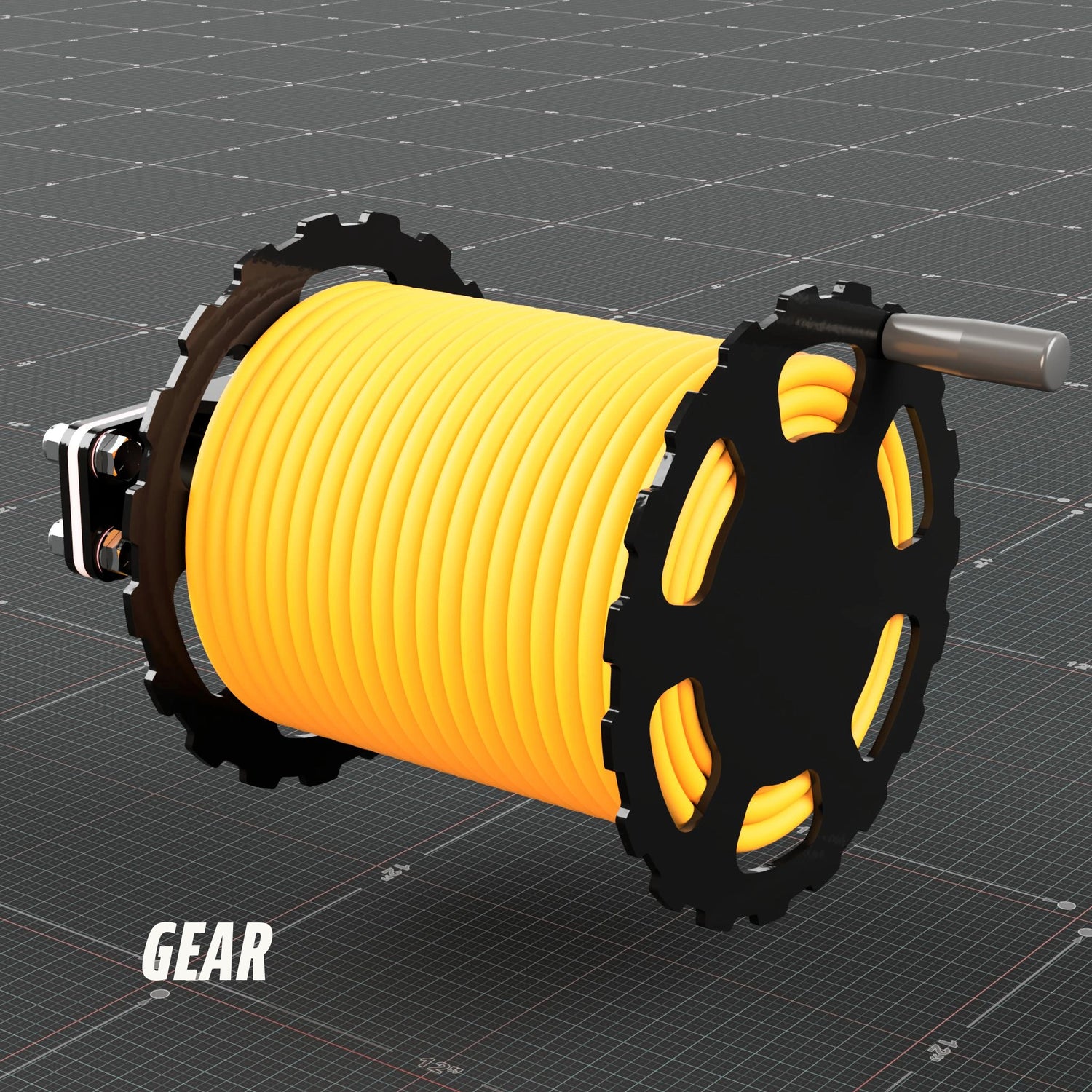 Welding lead reel with gear side plates, right three quarter view