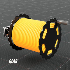 Welding lead reel with gear side plates, right three quarter view
