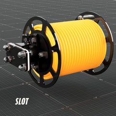Welding lead reel with slot side plates from the left, showing the mount and insulator