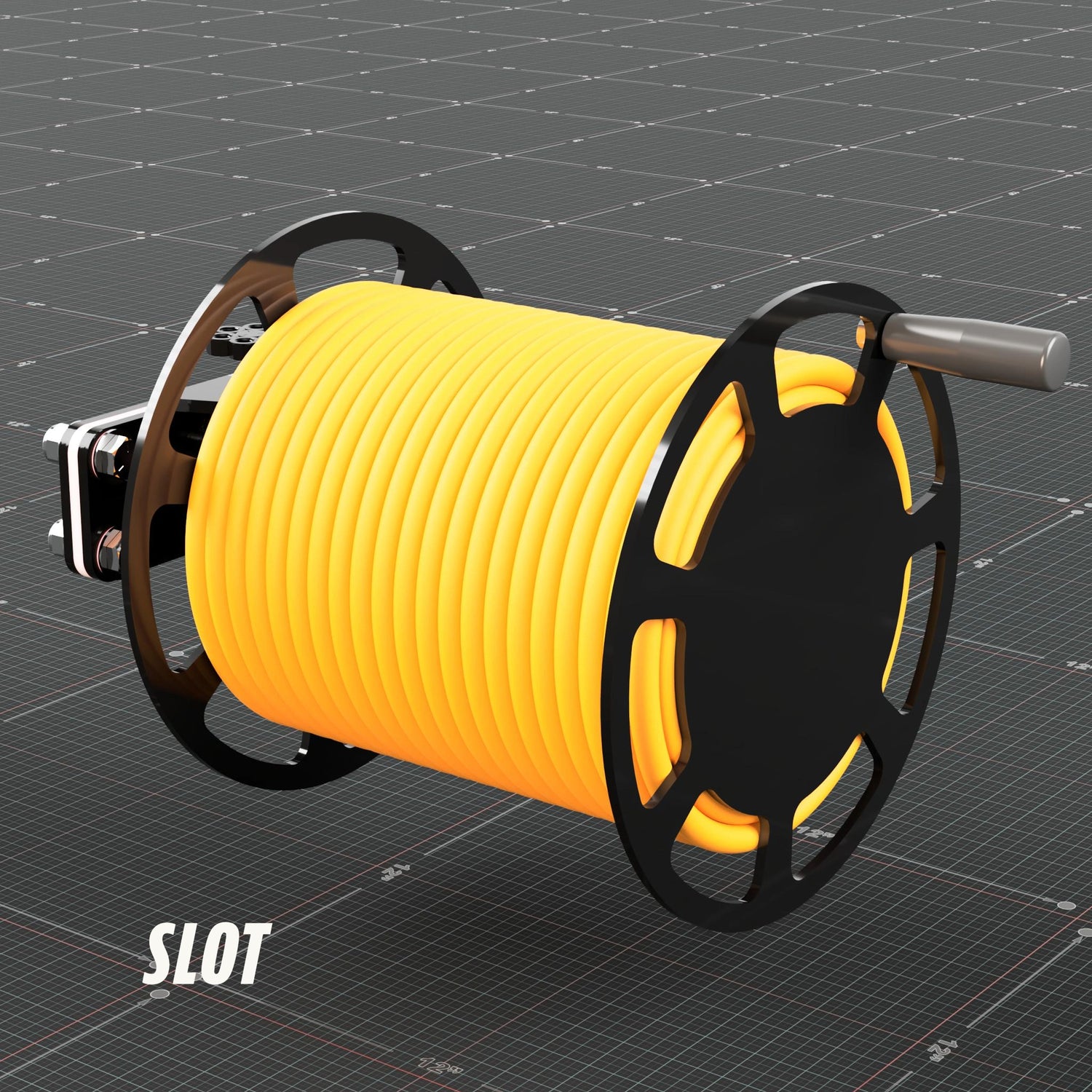 Welding lead reel with slot side plates, right three quarter view