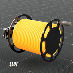 Welding lead reel with slot side plates, right three quarter view