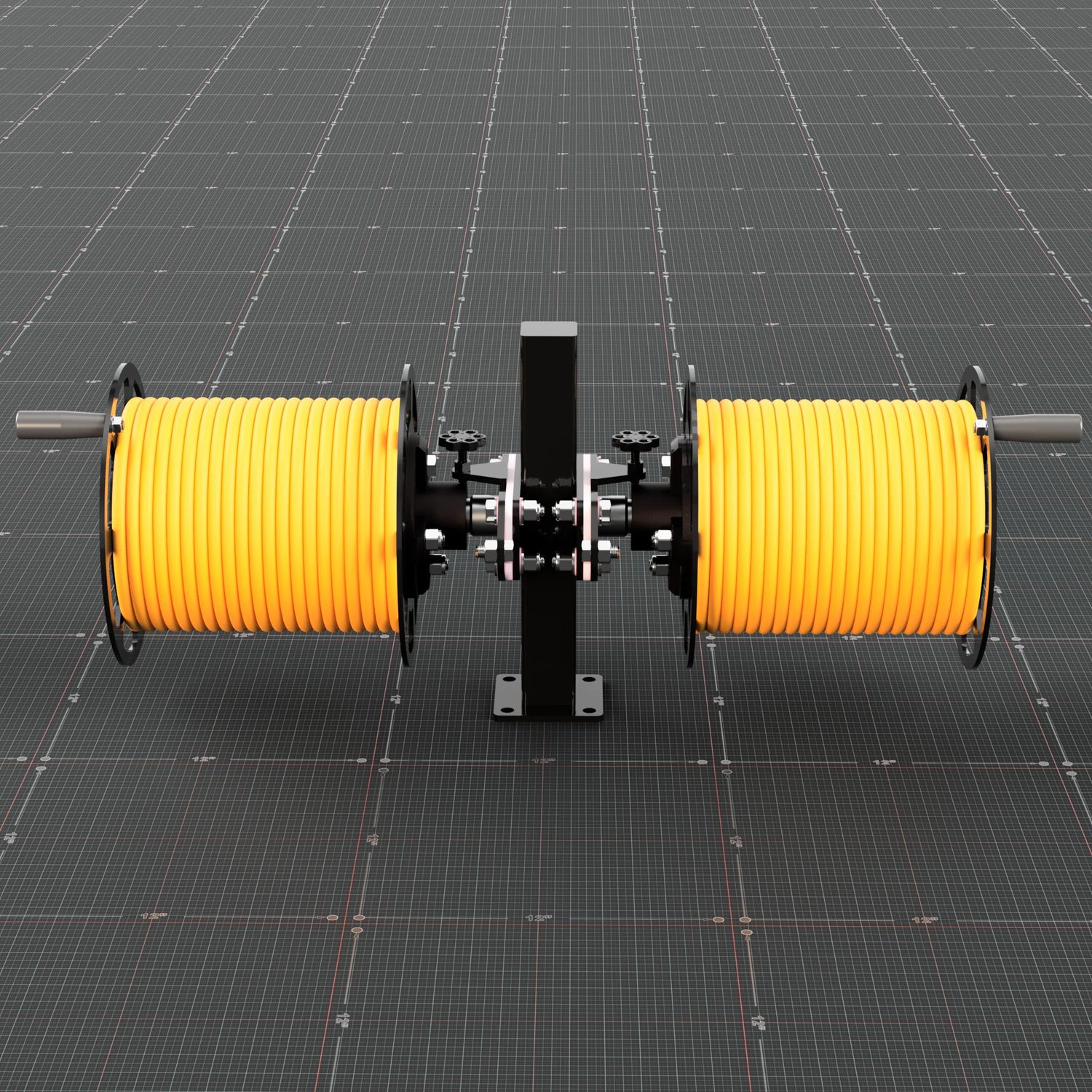 Two welding lead reels on a mounting post, front view