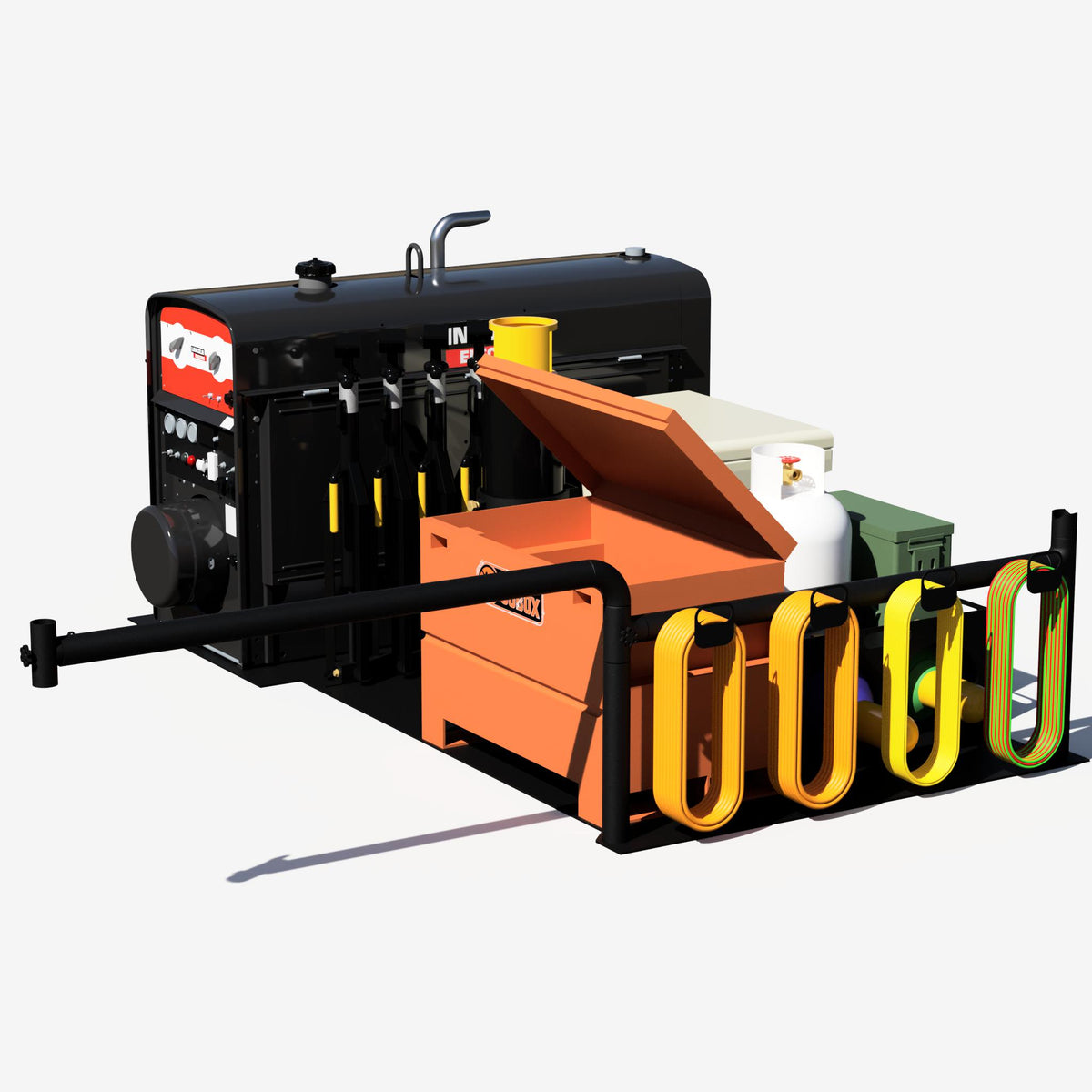 Loaded tub rig welding skid with the low profile hoosier pole swung out