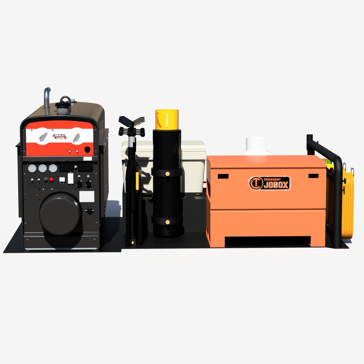 Side view of the loaded tub rig welding skid with welder, tools and bottles